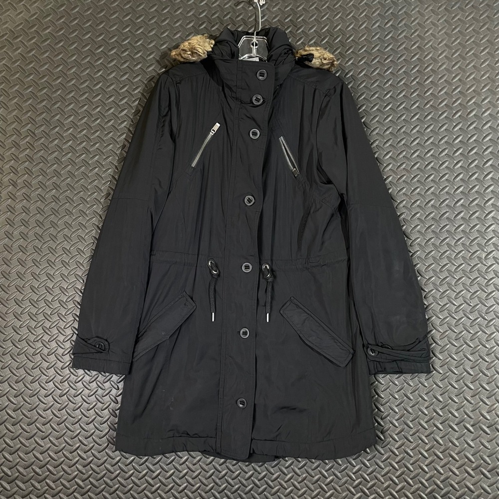 Athleta Black Winter Full Zip Button Long Hooded Coat Women's Size Medium
